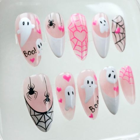 Spook up your style with our cute Halloween nails—adorably eerie and perfect for adding a playful twist to your spooky season. 🎃👻 Trick or treat, but make it cute! -- Get ready for a spooktacular Halloween! 🎃👻 Shop our exclusive Halloween designs now and make sure your nails are as ready as your costume. Don’t miss out—grab your favorites before they vanish! -- #donailsart #pressonnails #halloweennails #halloween2024 #nails #cutenails Cute Pastel Halloween Nails, Nail Halloween Designs, Halloween Nails 2024, Kawaii Halloween Nails, Pastel Halloween Nails, Nail Art Designs Halloween, Cute Halloween Nail Designs, White Winter Nails, Matte Almond Nails