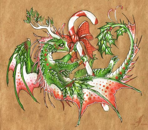 Christmas Dragon Art, Christmas Dragons, Alvia Alcedo, Dragon Christmas, Cute Dragon Drawing, Dragon Chino, Christmas Dragon, Dragon Dreaming, Dragon Year