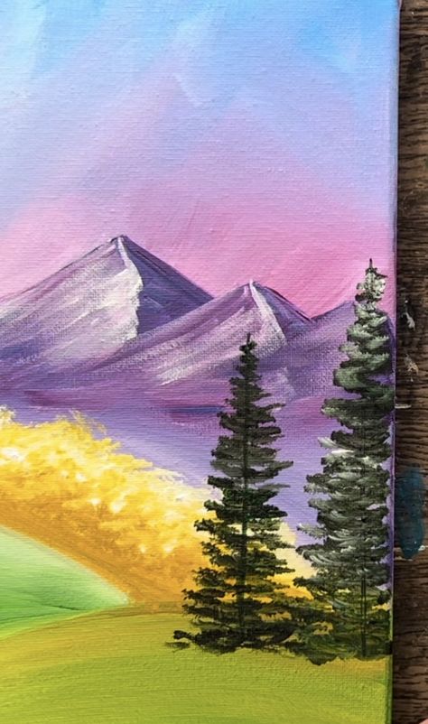 How To Paint Forest, Easy Nature Paintings For Beginners, How To Paint Mountains, Nature Painting Easy, Simple Tree Painting, Simple Mountain Painting, Landscape Mountains Painting, Beginner Painting Ideas Easy Simple, Easy Landscape Painting Ideas