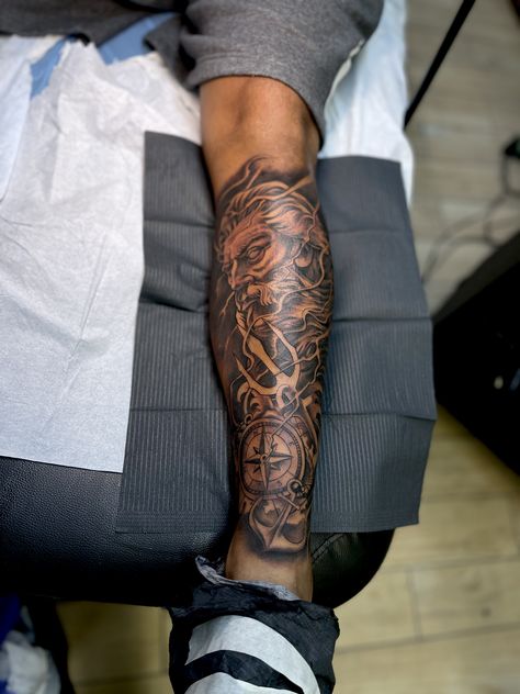 Mens Calf Tattoo Sleeve, Greek Mythology Calf Tattoos, Leg Piece Tattoo Mens, Men Tattoo Leg Ideas, Zeus Tattoo Leg, Half Leg Sleeve Tattoo Calf Men, Zeus Leg Tattoo, Men’s Calf Tattoo Ideas, Men Leg Tattoo Ideas Design