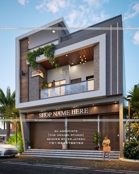 Shop With House Elevation, Front Building Design, Realistic Render, Building Front Designs, Modern Bungalow Exterior, House Front Door Design, Commercial Design Exterior, House Outer Design, Small House Elevation