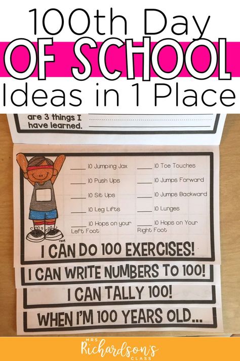 Are you looking for fun activities for the 100th day of school? Check out this easy to prep flipbook that combines reading, writing, physical activity, and math! Add these ideas to your 100th day of school celebration and watch your kindergarten, 1st, and 2nd grade students have fun! Make the 100th day of school memorable for your students. Read more here! 100 Days Activities, 100th Day Of School Ideas, 100 Days Of School Project Kindergartens, 2nd Grade Math Games, 100th Day Of School Activities, 100th Day Of School Crafts, Poems About School, 100 Day Of School Project, Activities For Kindergarten