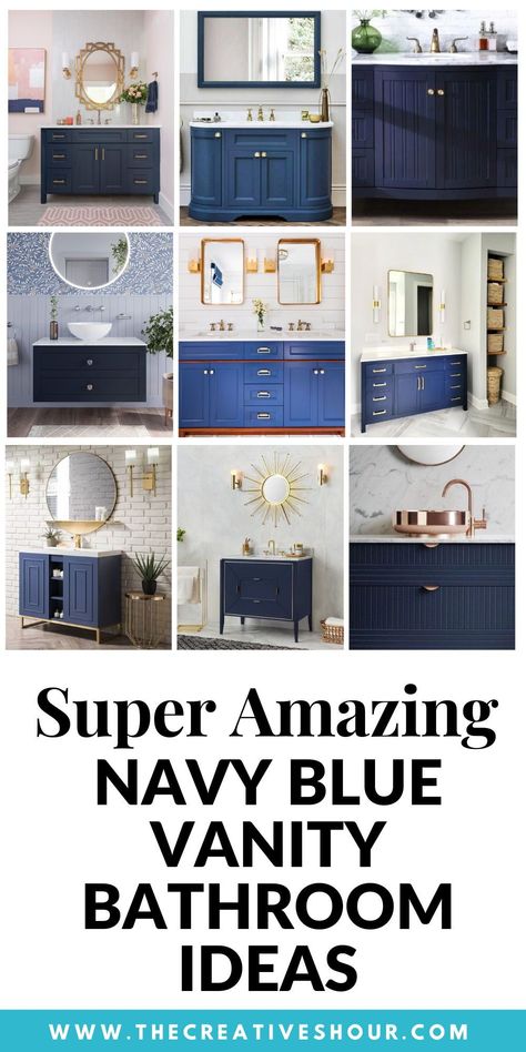 Embrace the timeless elegance of Navy Blue Vanity Bathroom Ideas. Dive into a sea of chic designs and decor to create a sophisticated and calming retreat. Elevate your bathroom with nautical-inspired charm and contemporary style. Bathroom Remodel With Blue Cabinets, Bathroom Paint Colors With Blue Vanity, Half Bathroom Ideas Blue Vanity, Navy Vanity Bathroom Ideas Paint, Bathroom With Blue Vanity Ideas, Bathroom Remodel Navy Vanity, Blue Tan Bathroom, Navy Blue And White Bathroom Decor Ideas, Navy Blue Vanity Bathroom Wall Color