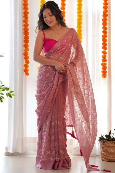 Old Rose Pink Sequins Embroidered Georgette Saree Sangeet Saree, Plain Georgette Saree, Lehenga Style Saree, Reception Saree, Designer Sarees Wedding, Peach Saree, Reception Lehenga, Cotton Salwar Kameez, Crepe Saree