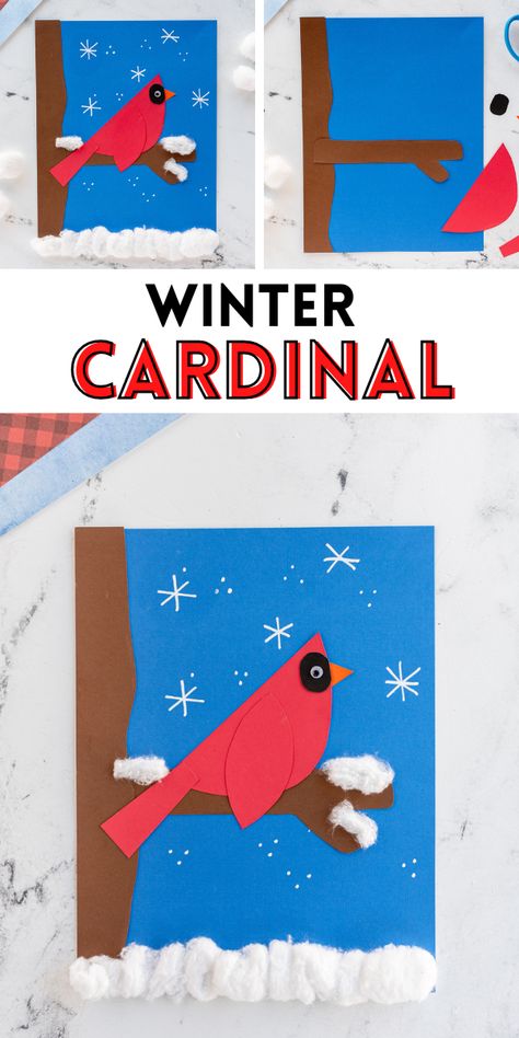 Red Bird Craft Preschool, Cardinal Preschool Craft, Winter Cardinal Art Project For Kids, Winter Birds Craft For Kids, Birds In Winter Crafts For Kids, Seasons Crafts For Preschoolers, Winter Storytime Crafts For Preschoolers, Winter Art Projects Kindergarten, Kindergarten Winter Crafts Easy