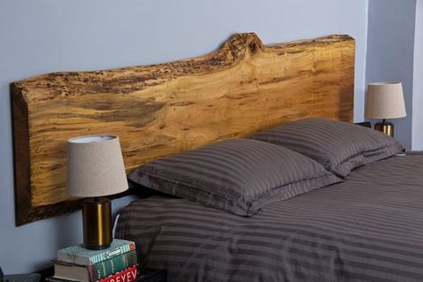 Beautiful live-edge maple headboard for contemporary bedroom in blue and gray Maple Headboard, Cedar Headboard, Live Edge Headboard, Cabin Bedroom Decor, Live Edge Wood Furniture, Live Edge Bed, Headboard Bedroom, Live Edge Furniture, Wooden Headboard