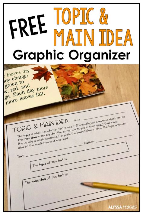 Grab this FREE topic and main idea graphic organizer that's great to use with any nonfiction text! Plus read some helpful tips for teaching topic vs. main idea to upper elementary students! Free Comprehension Worksheets, Nonfiction Main Idea, Nonfiction Graphic Organizer, Main Idea Lessons, Main Idea Graphic Organizer, Fall Reading Comprehension, Main Idea Worksheet, Teaching Main Idea, Nonfiction Activities