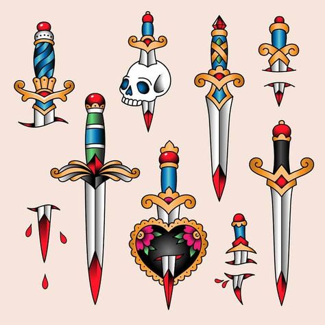 American Traditional Dagger Tattoo, Traditional Knife Tattoo, American Traditional Dagger, Dagger Tattoo Traditional, Dagger Tattoo Meaning, Heart Dagger Tattoo, Traditional Tattoo Meanings, Rose And Dagger Tattoo, Traditional Dagger Tattoo