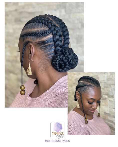 Cypress Styles | 😍😍 —————— Book under 4 stitch braids. Appointments available today @ 12pm (ct). —————— #StitchBraids #BunBraids #CypressStyles… | Instagram Four Braids Hairstyles Black, Hair Cornrows Styles, Goddess Cornrows Buns, Cute 2 Braids Hairstyles, Cornrow Stitch Braids, 4 Braids Cornrows, Half Feed In Braids Half Sew In Curly, Formal Braids, 4 Feed In Braids Hairstyles