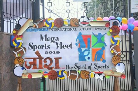 Sport Day Decoration Ideas For School, Sports Day Backdrop, Sports Day Craft, Sports Day Bulletin Board Ideas, Sports Meet Decoration Ideas, Annual Sports Day Decoration, Sport Day Decoration Ideas For Kids, Sports Day Decoration Ideas School, Sports Day Board Decoration