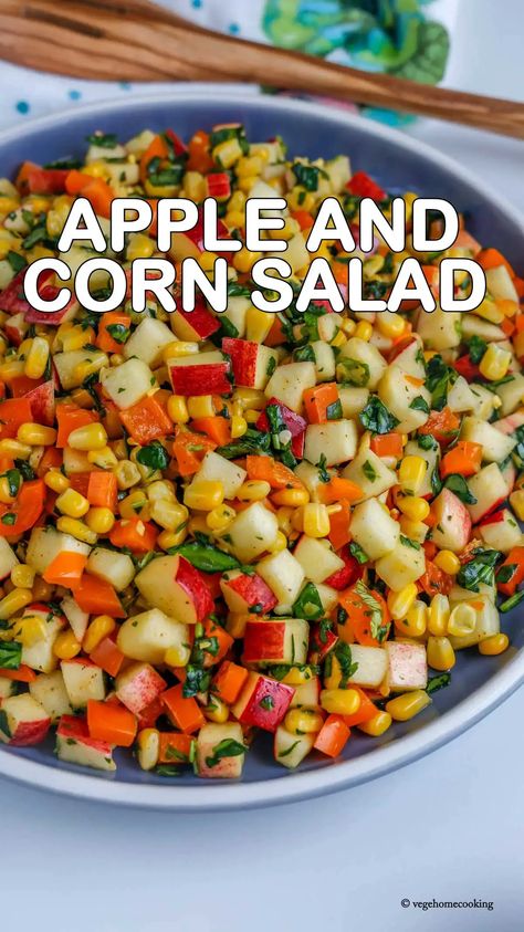 Apple and Corn Salad / Easy Apple Salad – Vege home cooking Salad With Sweet Corn, Corn And Apple Salad, Healthy Veg Dinner Recipes, Veg Snacks Recipes, Easy Apple Salad, Diet Salads, Sweet Corn Salad Recipe, Veg Salads, Veg Salad Recipes