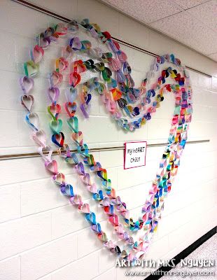 My Paper heART Chain! | Art with Mrs. Nguyen Paper Heart Chain, School Hallway, Chain Art, Group Art Projects, Valentine Art Projects, Collaborative Art Projects, Elementary Art Projects, Valentines Art, Valentines Day Activities