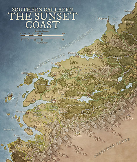 The Sunset Coast is located along the shores of Callaern, located between northern region of Eberras and the southern region of Preica. The land is dotted with many town, cities and city states that trace their history back to before the Fall of Parretoa. Fantasy Map Making, Medieval Drawings, Dnd World Map, Imaginary Maps, Fantasy World Map, Amazing Maps, Tabletop Rpg Maps, Before The Fall, Dream Fantasy