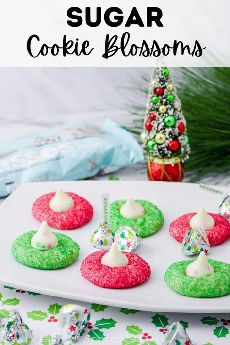 Sugar Cookie Blossoms, Hershey Kiss Sugar Cookies, Cookie Blossoms, Cookie Recipe With Oil, Kiss Cookie Recipe, Holiday Sugar Cookies, Sugar Cookie Mix, Blossom Cookies, Hershey Kiss