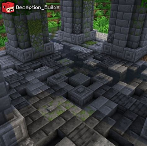 Minecraft Jungle Wall Designs, Minecraft Stone Wall Texturing, Minecraft Floor Designs Deepslate, Minecraft Dark Castle Interior, Floor Ideas Minecraft, Minecraft Deep Slate Build, Minecraft Dwarven Architecture, Minecraft Dwarven, Minecraft Ruins