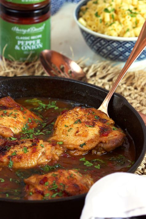 Ready in minutes, this Skillet Chicken recipe with Pepper Onion Relish Sauce is sweet, tangy and totally amazing. A hit with the whole family and the perfect weeknight dinner. | @suburbansoapbox Pepper Onion Relish, Relish Sauce, Pepper Relish, Chicken Skillet Recipes, Relish Recipes, Onion Relish, Chicken Stuffed Peppers, Skillet Chicken, Peppers Recipes