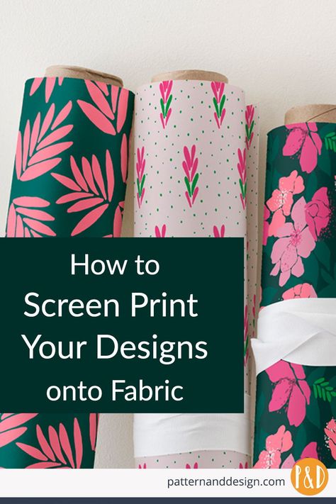 Learn the steps to screen print your surface pattern designs onto fabric. Know the limitations of the printing process before you start designing your textile designs and pattern repeats #surfacepatterndesign #textiledesign #surfacepatternrepeats #screenprinting #fabricprinting #patterndesign Screen Print Fabric, Screen Print Pattern, Textile Prints Designs Fabrics, Screen Printing Designs Textiles, Fabric Prints Design Textiles, Cute Fabric Prints, Designing Fabric, Silk Screen Printing Design, Screen Printing Fabric