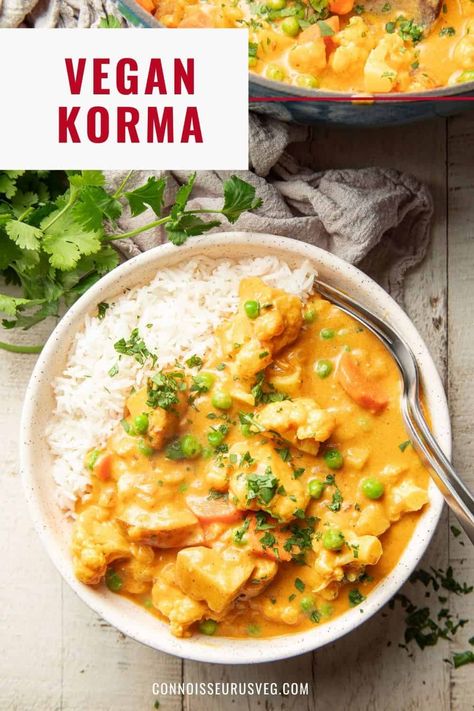 This vegan korma is rich, creamy and deliciously comforting! Made with veggies in a spiced cashew-coconut sauce, it tastes like it came from your favorite Indian restaurant — but is actually really easy to make at home. Vegan Korma Recipe, Vegan Vegetable Korma, Veggie Korma Recipe, Veg Korma Recipe, Cashew Korma, Veggie Korma, Vegan Korma, Vegetable Korma, Vegan Entrees