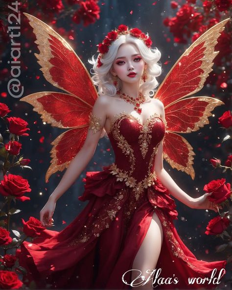 Crystal Wings, Crimson Red, White Hair, Roses, Wonder, Red, Beauty