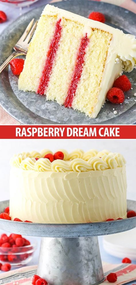 This Raspberry Dream Cake has layers of tender, moist vanilla cake and fresh raspberry filling all covered in cream cheese frosting! #vanillacake #raspberrydessert #raspberries Summer Layer Cake, August Cake, Bakery Style Cake, Easy Vanilla Cake, Moist Vanilla Cake, Best Cakes, Sponge Cakes, Raspberry Recipes, Raspberry Filling