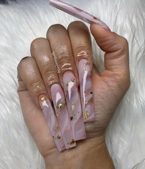 Marble Clear Nails, Marble With Foil Nails, Baddie Marble Nails, Soft Pink Marble Nails, Marble Rose Gold Nails, Crystal Marble Nails, Clear Marble Nails Acrylic, Pink Marble Nails With Gold Flakes, Long Marble Nails