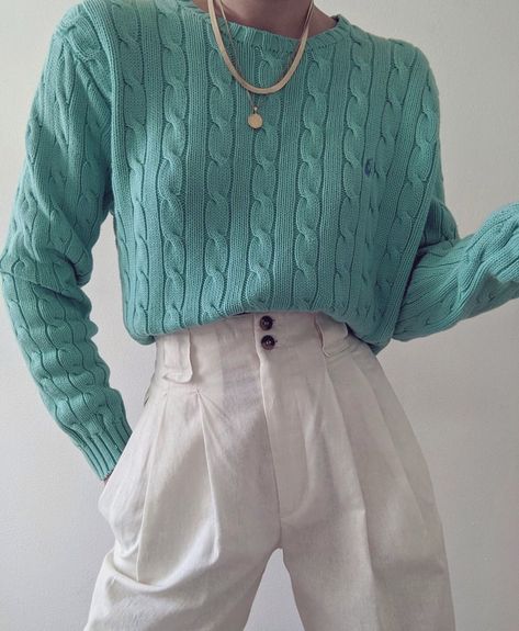 Photo edited by AirBrush App. 90s fashion knit sweater and white pants. #photoeditor #filter #airbrush #retouch #outfitideas #grungeoutfits #dress #outfits #minimalist #fashion #90s #90sfashion #aesthetic #jeans #springoutfits Outfit by Nanin Vintage Light Teal Outfit Ideas, Aqua Sweater Outfit, Turquoise Dress Aesthetic, Aqua Green Outfit, Torquise Outfit, Light Teal Outfit, Teal Aesthetic Outfit, Cyan Clothes, Turquoise Outfit Aesthetic