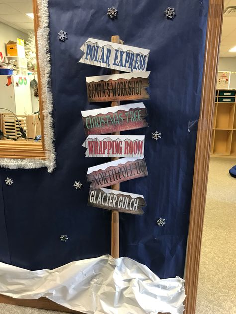 Polar Express Office Decor, Polar Express Diy Decorations, Diy Polar Express Decorations, Polar Express Door Decorations, Christmas Cube Decorations, Polar Express Door, Winter Door Decorations Classroom, Movie Decorations, Hospital Christmas