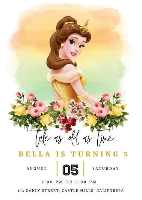 Princess Belle Disney Invitations Birthday, Princess Birthday Invitations Templates, Invitation Princess Theme, Princess Invitation Template, Princess Poster, Disney Princess Invitations, Bridal Show Booths, Belle Birthday Party, Beauty And Beast Birthday