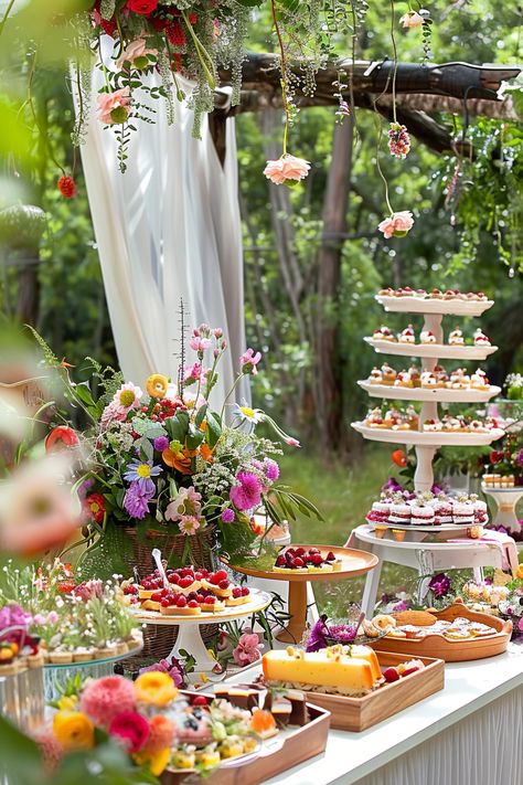 Outdoor Tea Party Aesthetic, Garden Bday Party Ideas, Whimsical Wedding Food, Garden Engagement Party Decorations, Garden Party Dessert Table, Wildflower Wedding Ideas, Wedding Table Cloth Ideas, Bridal Shower Garden Party, Garden Engagement Party