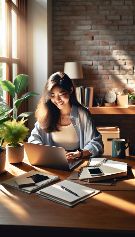 Bright young professional beaming, engrossed in a remote job on a laptop amidst a cozy homely setup. Soft sunlight pours in, enhancing the vibrant, highly productive atmosphere. Click the link in the bio for a $25+/hr remote job opportunity. #WorkFromHome #RemoteJobs #Freelance #JobOpportunity #DigitalNomad #ProfessionalLifestyle Happy At Work Picture, Working Outside Aesthetic, Happy Job Aesthetic, Remote Work Aesthetic, Happy Working, Job Pictures, 2025 Goals, Happy At Work, Sales Girl