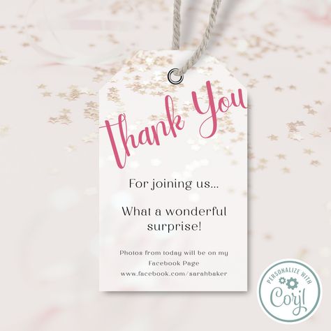 Surprise Birthday Thank You Tag, Party Thank You Tag, Editable Template IN0014 by DigitalPartyClub on Etsy Pink Birthday Party, Some Text, Pink Birthday, Birthday Thank You, Thank You Tags, Editing Service, Birthday Surprise, Download Fonts, Mobile Device