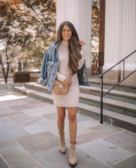 Sweater Dress Denim Jacket Outfit, Dress Denim Jacket Outfit, Layered Outfits Fall, Cozy Dresses, Scarf Fashion Outfit, Colorful Fall Outfits, Scarf Outfits, Neutral Color Outfits, Dress Denim Jacket