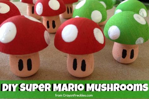 Crayon Freckles: DIY Super Mario Wooden Mushrooms Diy Goomba, Super Mario Mushroom, Mario Crafts, Wooden Mushrooms, Teen Crafts, Super Mario Bros Party, Earth Space, Mario Bros Party, Mushroom Crafts