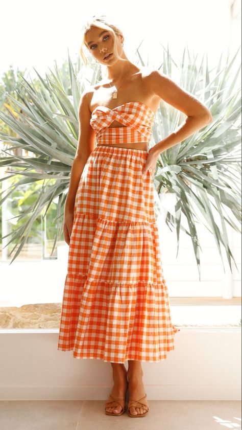 orange gingham summer dress Gingham Outfit, Orange Gingham, Spring Carnival, Midi Length Skirts, Get The Look, Model Measurements, Midi Length, Summer Dress, Gingham