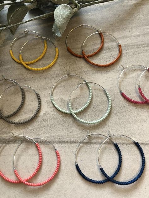 Sterling Silver Seed bead hoop earrings | Etsy Silver Beaded Hoop Earrings, Seed Bead Hoop Earrings Diy, Seed Bead Hoop Earrings Tutorial, Handmade Earring Ideas, Hoop Earring Ideas, Diy Hoop Earrings, Simple Beaded Necklace, Simple Bead Earrings, Bead Spinner