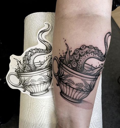 Witches Brew Tattoo, Gothic Tea Cup Tattoo, Ocean Witch Tattoo, Cracked Teacup Tattoo, Spooky Teacup Tattoo, Teacups Tattoo, Tea Cup Tattoo, Tentacle Tattoo, Tea Tattoo