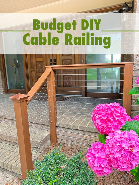 Give your porch or deck a sleek, modern makeover with this easy-to-follow guide on how to install DIY cable railing. With step-by-step instructions and insider tips, you'll be able to transform your outdoor space into an eye-catching oasis that's perfect for entertaining and relaxing. Railing On Front Porch, Porch Railing Diy, Step Railing Outdoor, Diy Cable Railing, Cable Railing Diy, Porch Step Railing, Front Porch Railing Ideas, Deck Railing Diy, Wire Deck Railing