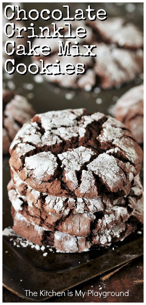 Chocolate Crinkle Cake Mix Cookies ~ Taking advantage of boxed cake mix as their base, these chocolate cookies are super easy to make! Hardly any measuring, just a few basic ingredients, amazingly quick to mix up, and super tasty, too. A great recipe to get the kids baking or for anyone who wants to whip up a tasty cookie quickly & easily.  www.thekitchenismyplayground.com Making Cookies From Cake Mix Boxes, Cake Mix Chocolate Crinkles, Chocolate Cookies Made With Cake Mix Boxes, Chocolate Crinkle Cookies Cake Mix Cool Whip, Box Cake Mix Crinkle Cookies, Chocolate Cake Crinkle Cookies, Chocolate Crinkle Cookies Recipe Cake Mixes, Easy Cookies With Cake Mix Boxes, Cookies Made Out Of Cake Mix Boxes