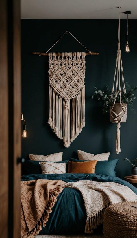 20 Dark Boho Bedroom Ideas For A Dreamy Makeover Dark Boho Bedroom Ideas, Dark Boho Bedroom, Rattan Bed Frame, Bohemian Mirror, Wooden Bead Chandelier, Dark Boho, Wicker Pendant Light, Boho Bedroom Design, Boho Space