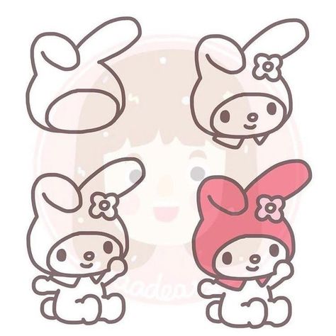 My Melody How To Draw, Sanrio Drawing Tutorial, Hello Kitty Doodles, Kitty Doodles, Draw Kawaii, Drawing Steps, Magic Runes, Notebook Drawing, Cute Easy Doodles