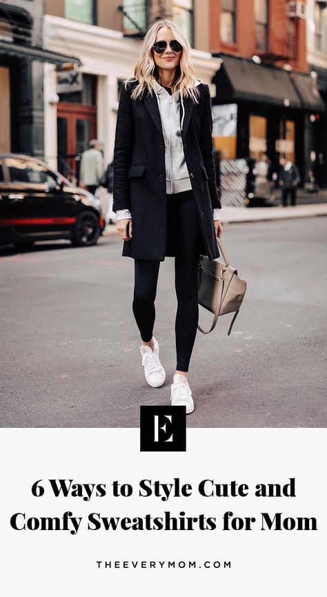 6 Ways to Style Sweatshirts for Mom | The Everymom Sports Mom Outfit Soccer, Chic Soccer Mom Outfit, Sport Mom Outfit Winter, Cute Hockey Mom Outfits, Casual Outfits For Sporting Events, Sports Mum Fashion, Sports Mom Fashion, Trendy Mum Outfit, Football Mum Outfit