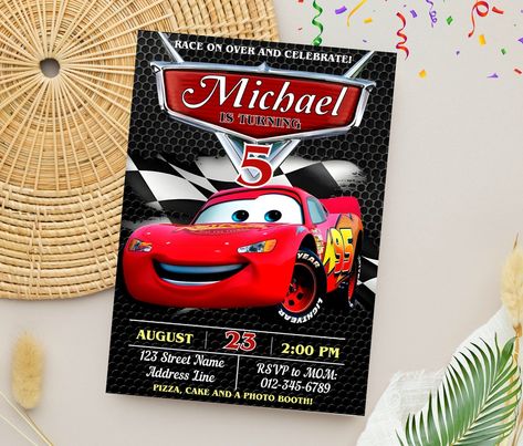 Cars Birthday - Etsy 7ED Lightening Mcqueen Birthday Invitations, Cars Theme Birthday Party Invitations, Pixar Cars Birthday Invitations, Lightning Mcqueen Invitation Templates, Lighting Mcqueen Invitations, Disney Cars Invitations, Lightning Mcqueen Invitations, Lighting Mcqueen Birthday Party Ideas, Mcqueen Birthday Party Decoration