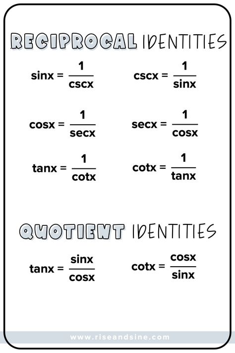 A list of reciprocal identities and quotient identities that make a great first lesson for when you teach trig identities. Come check out all the lessons I use to break down trig identities for my students. Variables Math, Math Differentiation Strategies, Algebra Basics, Trig Identities, Discrete Mathematics Cheat Sheet, Math Guided Notes, Radical Math Rules, Geometry Proofs, Implicit Differentiation Calculus