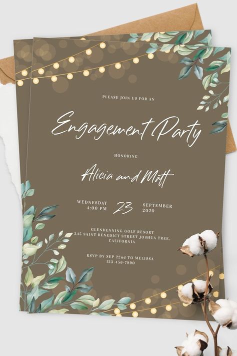 Rustic theme-inspired engagement party invitation featuring classic garland and greenery decorations. Customize this template to your own preferences and download or order printed. #engagementinvitation #engagementinvitationcard #engagementpartyinvitations #engagementinvitationtemplate #invitationcardforengagement Simple Engagement Invitation Cards, Simple Engagement Cards, Invitation Card Design Engagement, Engagment Invites Cards, Invitation Card Design Simple, Engagement Cards Ideas Invitations, Inauguration Invitation Card, Engagement Invitation Cards Template, Invitation Card Design Ideas