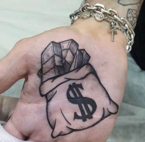 50 Dollar Tattoo Ideas, All In Tattoo, Moneybag Tattoos, Hand Palm Tattoos, Money Bag Tattoo, Emoji Tattoo, Shoulder Sleeve Tattoos, Tattoo Ideas Males, Joker Tattoo Design