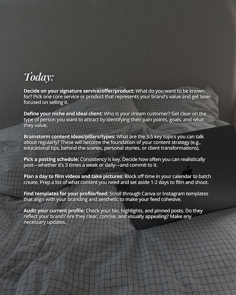 🌟 Small things you can do today, this week, and this month to start growing your business on Instagram 🌟 Today: ⤵️ Decide on your core offer/service and get clear on your ideal client. Brainstorm content ideas and pick a posting schedule. Plan a content day to film videos and take photos. Find templates for your feed and audit your profile for improvements (bio, highlights, pinned posts). This Week: ⤵️ Finalize your branding and templates. Pre-plan a week of content with edited videos and c... Weekly Social Media Schedule, Instagram Posting Schedule Business, Weekly Posting Schedule Social Media, Posting Schedule Social Media, How To Schedule Social Media Content, Social Media Advice, Social Media Schedule, Ideal Client, Video Film