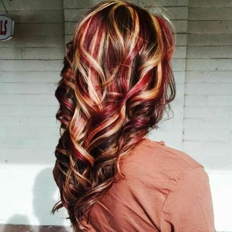 Hair Color Ideas Bright Colors, Red Tip Hair, Fall Hair Colors For Blondes Caramel Red, Fun Red Hair Color Ideas, Dark Red And Blonde Hair Color, Brown Hair With Red And Blonde Highlights, Fun Fall Hair Colors, Red And Blonde Highlights, New Hair Color Ideas