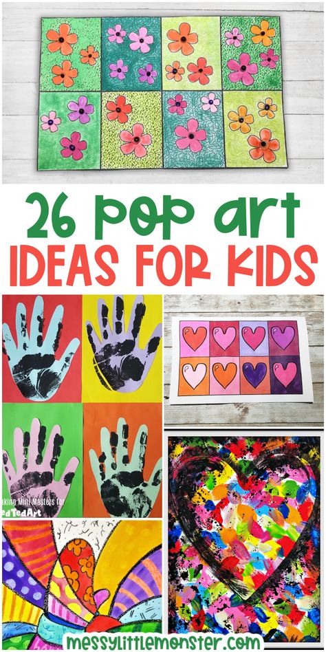 Pop art projects for kids. Easy pop art ideas. Pop Art For Kindergarten, Preschool Andy Warhol Art, Easy Classroom Art Projects, Homecoming Art Projects For Kids, Pop Art Printable, Pop Art For Preschoolers, Pop Art Diy Tutorials, Elementary Class Art Projects, Pop Art School Projects