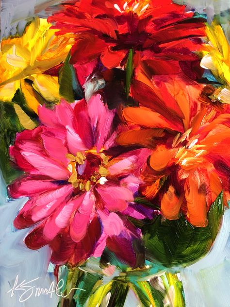 Zinnias is an original oil painting by Lancaster, PA, artist Kim Smith. Click link to watch it being created while painting live on Instagram. #floralart #homedecor #paintinginspiration #oilpaintingdemo #oilpaintinglesson #floralpaintingdemo Zinnias Watercolor Painting, How To Paint Zinnias Acrylic, Zinnias Painting, Zinnia Painting, Ali Kay, Oil Painting Demos, Kim Smith, Oil Painting Lessons, Art 2022