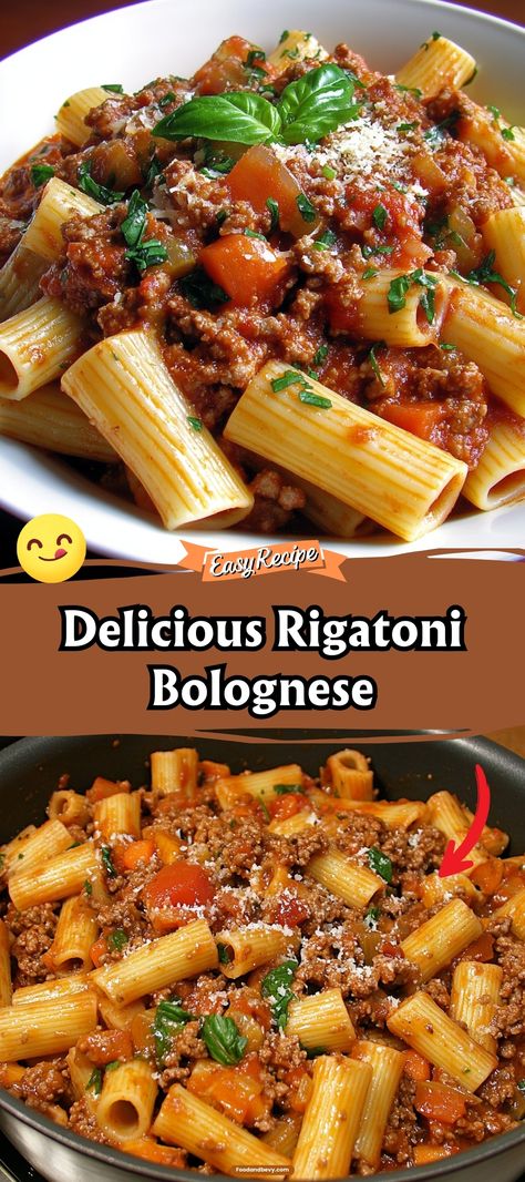 Enjoy a hearty Italian classic with Rigatoni Bolognese, a robust and meaty sauce slow-cooked to perfection, clinging to each tube of rigatoni pasta. This filling dish is rich with the flavors of ground meat, tomatoes, and a hint of red wine, making it a comforting meal that's ideal for any pasta lover seeking depth and satisfaction. #RigatoniBolognese #ItalianCooking #HeartyMeals Dinner Recipes For Family Pasta Meal Ideas, Pasta Recipes Large Groups, Pasta With Bolognese Sauce, Rigatoni Meat Sauce, Delicious Italian Food, Red Meat Recipes Dinners, Italian Meals Authentic, Easy Italian Pasta Recipes, Fancy Pasta Dishes